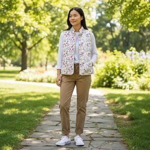 Coldwater Creek Floral Quilted Vest Ivory Pink Blue PM EUC Cottagecore Botanical